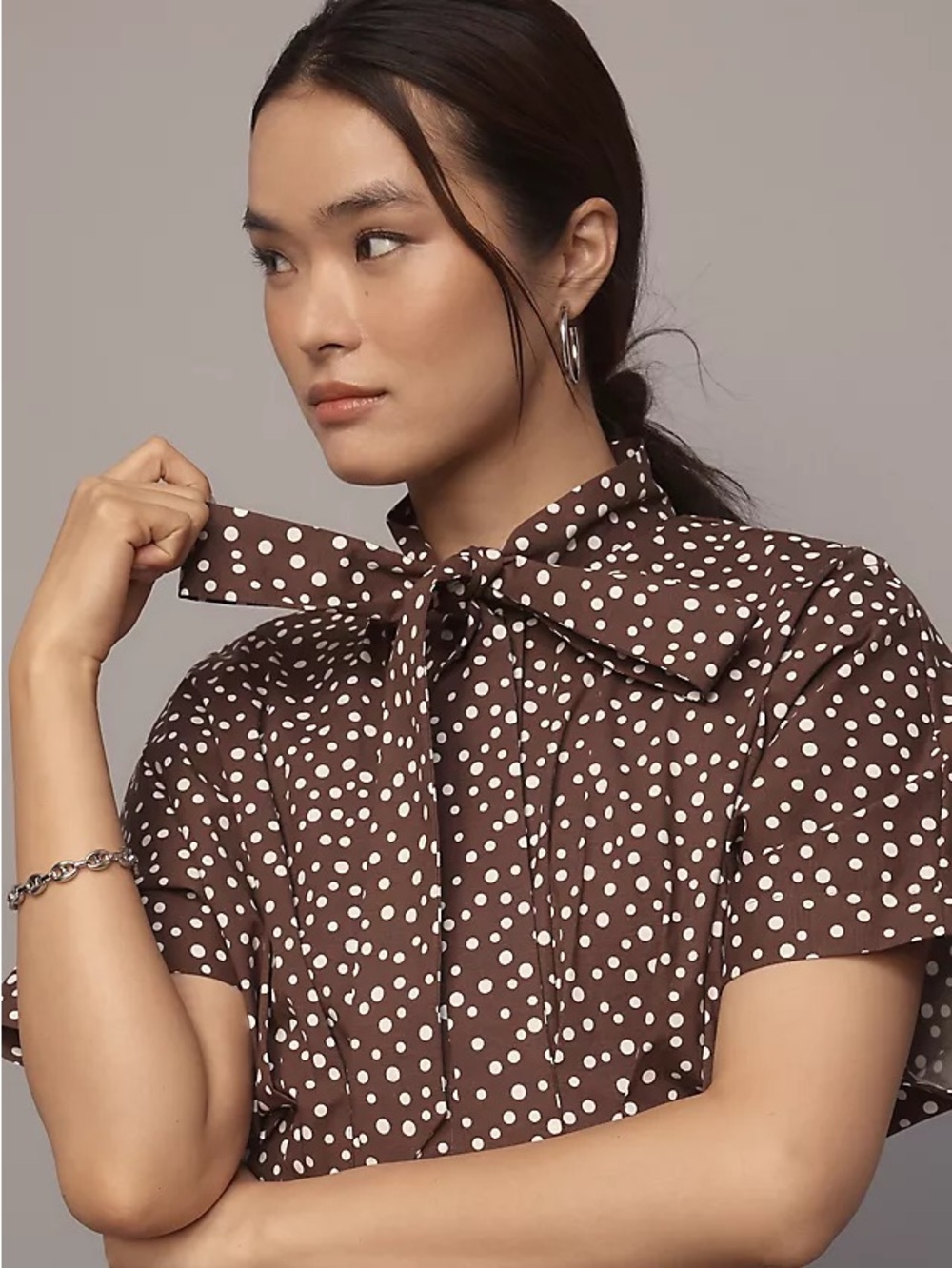 Anthropologie The Tobie Tie Neck Shirt Dress by Exquise Brown Polka Dot Size XS - Picture 5 of 13